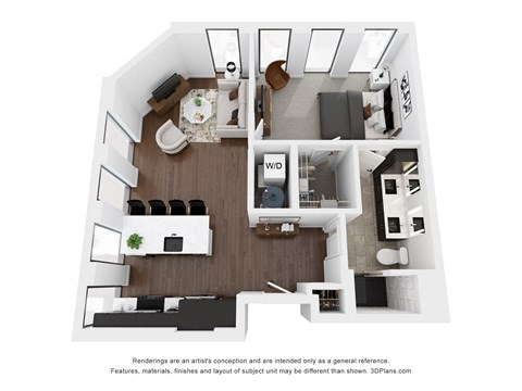 Floor plan for 1 bed, 1 bath, 765 sqft